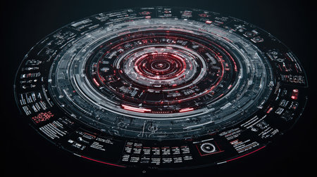 Abstract futuristic HUD interface overlay with rotating data circles and tech iconsの素材