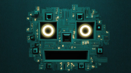 AI bot icon with face composed of minimal circuits and glowing eyesの素材