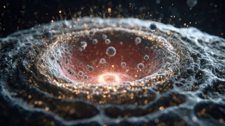 Artificial cell structure surrounded by glowing data particles and biotech layersの素材