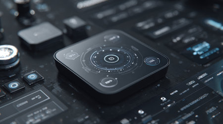 Clean futuristic smart device UI floating over dark digital tech backgroundの素材