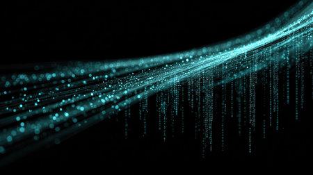 Binary code flowing on a digital wave pattern with glowing effect on black backgroundの素材