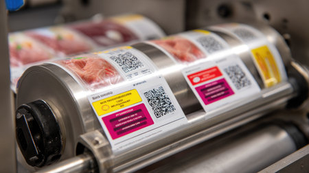 Automated labeling machine printing freshness dates on pre-packed ready mealsの素材
