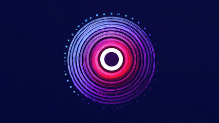 Circular tech logo with concentric digital patterns and futuristic color schemeの素材