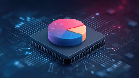 Clean modern symbol of AI-driven analytics with pie chart and microchipの素材