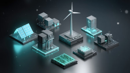 Clean technology clipart of solar panel icons, wind turbines, and green circuit boardsの素材