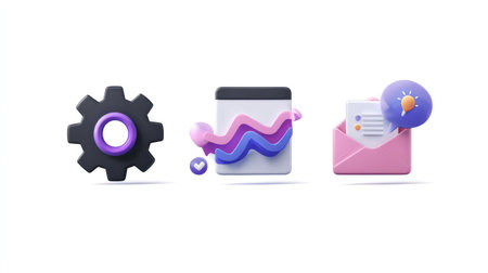 Clipart icons for digital marketing, SEO gear, email campaigns, and web analyticsの素材