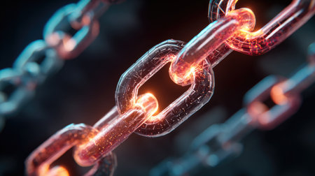 Blockchain network illustration with encrypted data chains and glowing nodesの素材