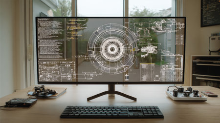 Code on computer screen with tech tools and schematic overlays showing developmentの素材