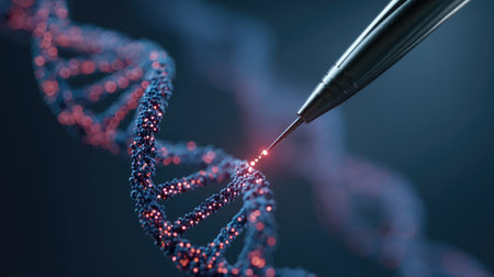 CRISPR Cas tool diagram and digital gene splicing background with glowing DNAの素材