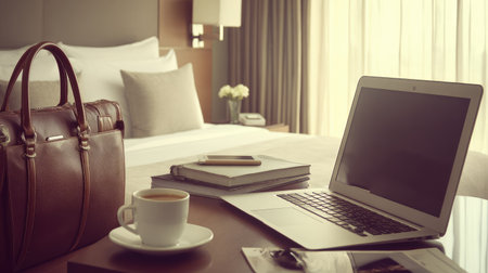 Sleek hotel room with open laptop, coffee cup, and briefcase on desk, ready for a business travelerの素材