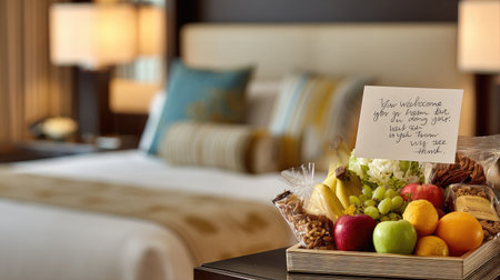 Welcome gift basket in hotel room with fruit, local treats, and handwritten noteの素材