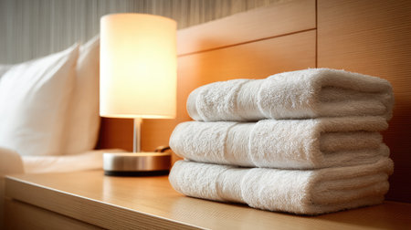 Stack of white folded towels placed beside neatly made hotel bed and bedside tableの素材