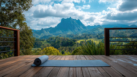 Wellness retreat yoga deck at tropical resort with scenic mountain viewの素材