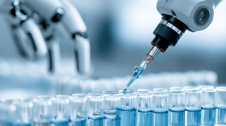 Automated robotic arm performing DNA analysis in high-tech bio lab environmentの素材