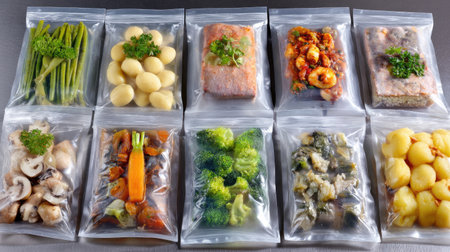Assorted ready-to-eat meals in vacuum-sealed packaging arranged in a clean food tech lab environmentの素材