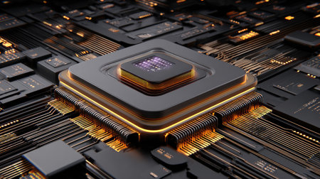 Clean futuristic processor chip icon with central symbol and radiating linesの素材