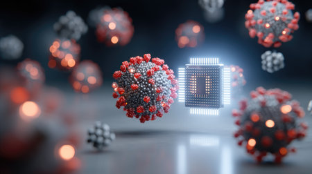 Clipart of quantum computing processor, entangled particles, and futuristic chip designの素材