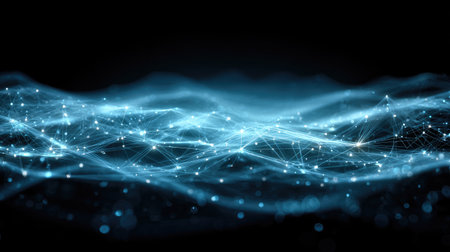 Abstract image of internet traffic flow with glowing digital wavesの素材