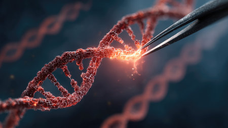 CRISPR Cas tool diagram and digital gene splicing background with glowing DNAの素材