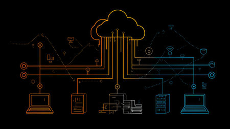 Centralized data hub visual with connected cloud icons and device silhouettesの素材