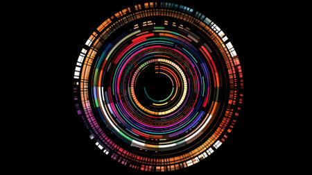 Circular tech logo with concentric digital patterns and futuristic color schemeの素材