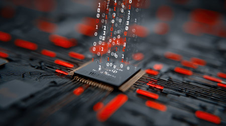 Clipart design of artificial intelligence chip, binary code stream, and neural network pathsの素材