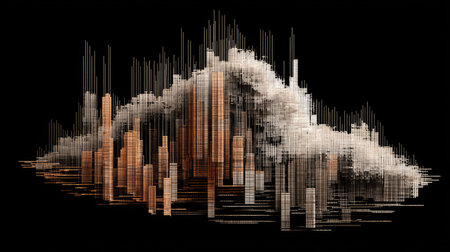 Data cloud symbol with lines of code and charts forming a cloud structureの素材
