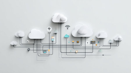 Flat design clipart of cloud computing with data sync, cloud icons, and server connection lines on white backgroundの素材