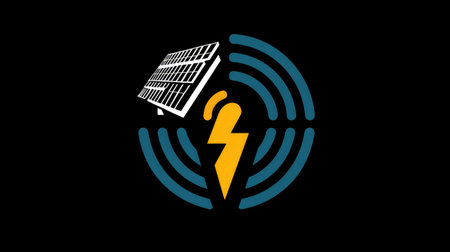 Energy tech logo concept with digital solar panel icon and innovation sparkの素材