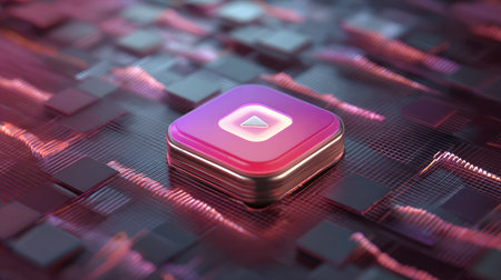 Digital media company logo with play button surrounded by tech grid and wavesの素材