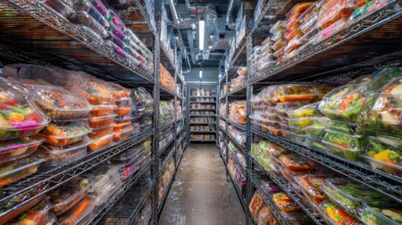 Controlled environment storage room with shelves full of processed, packaged ready mealsの素材