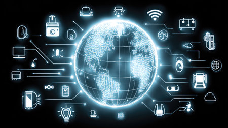 Internet of Things logo with interconnected devices around a globe symbolの素材