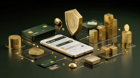 Illustration clipart of digital wallet, mobile payments, and secure transaction shieldの素材