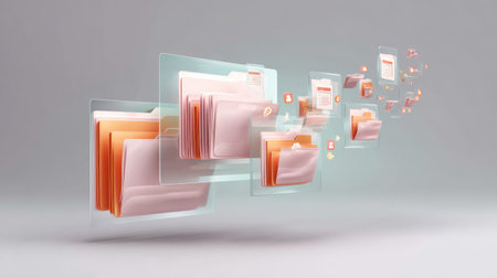 Holographic digital interface with floating folders and synchronized data iconsの素材