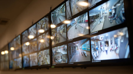 Home security system interface showing live feeds from multiple IP cameras in a smart homeの素材