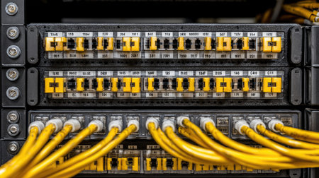 IT network cable connections organized in a patch panel with labeled ports in a server roomの素材