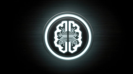 Modern logo design featuring a glowing AI brain circuit symbol on black tech backgroundの素材