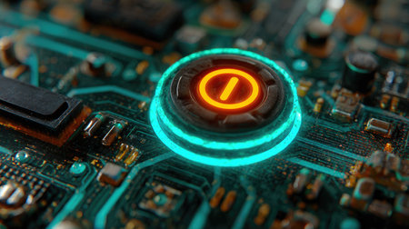 Power button symbol illuminated with futuristic glow on digital circuit boardの素材