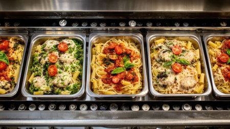 Ready-to-eat pasta meals arranged on a conveyor with automated quality control sensorsの素材