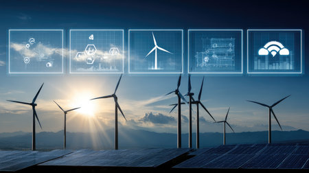 Renewable energy technology dashboard with wind turbine and solar iconsの素材