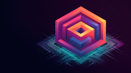 Technology company logo mockup with abstract hexagonal shapes and digital flowの素材