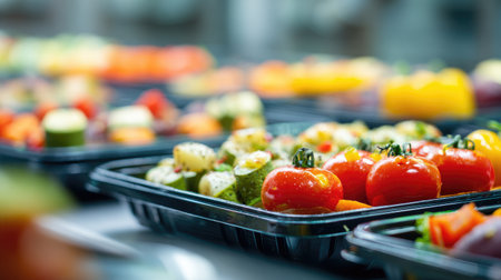 Tray of ready-to-eat food being labeled with smart sensor tags in automated packaging lineの素材