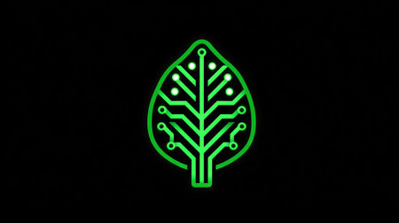 Green tech icon combining leaf symbol with circuits representing clean innovationの素材