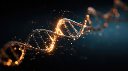 DNA double helix model glowing against digital background, representing genetic engineering and biotechnology innovationの素材