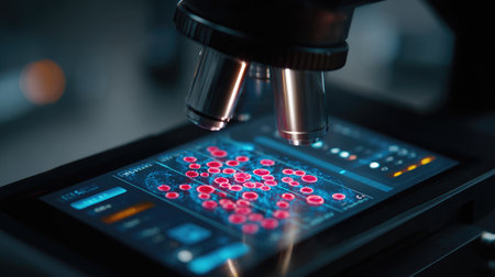 Close-up of microscope focusing on genetically modified cells on a digital interfaceの素材