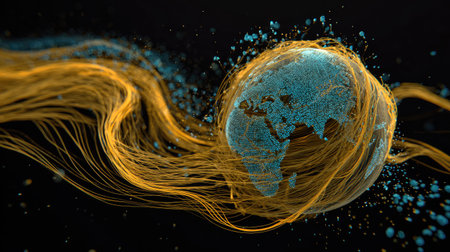 Digital circuit globe wrapped in data lines and futuristic connectionsの素材