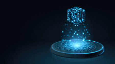 Hologram display icon with light beam and floating D objectの素材