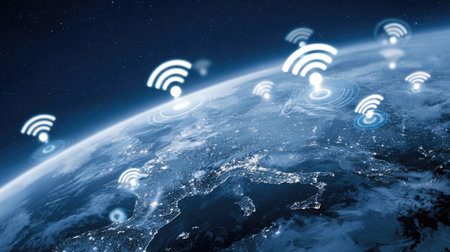 Internet technology background with floating signals and global connectivity themeの素材