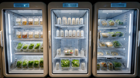 Interior of smart vending units showcasing modular ready-to-eat meal choicesの素材
