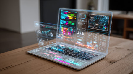 Laptop on table with floating data streams and IT dashboard hologram interfaceの素材